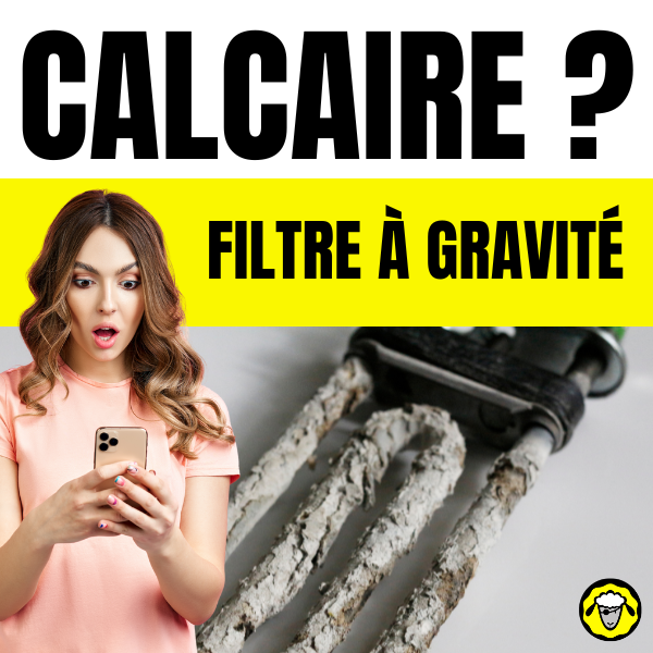 Femme surprise regardant son téléphone avec en fond une résistance entartrée et le texte "Calcaire ? Filtre à gravité"