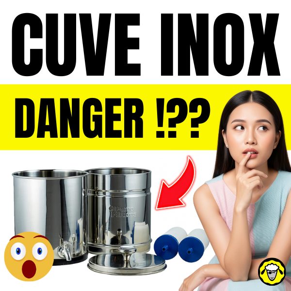 Femme pensive à côté d’une cuve en inox pour filtre à eau avec cartouches et texte "Cuve inox danger !??" sur fond jaune