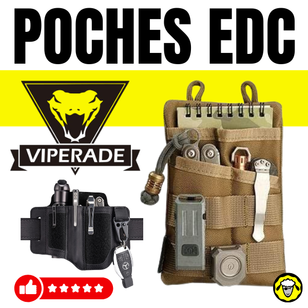 Poches EDC de la marque Viperade avec accessoires tactiques organisés et icône d’évaluation positive