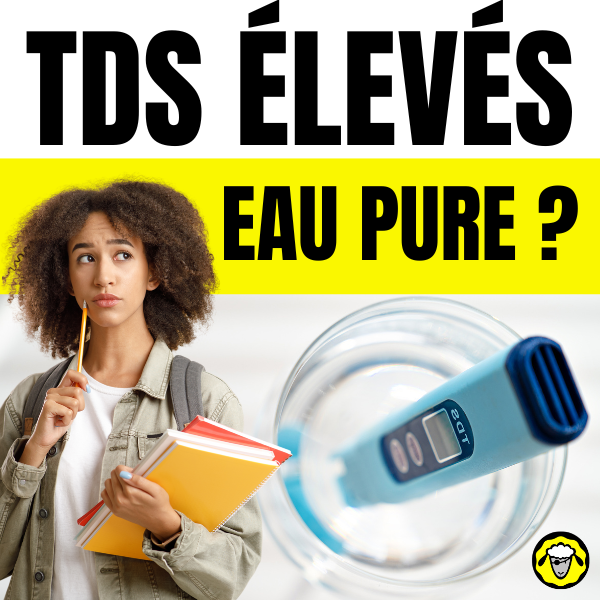 Étudiante songeuse avec des cahiers, à côté d’un testeur TDS plongé dans un verre d’eau, accompagnée du texte "TDS élevés, eau pure ?" sur fond jaune