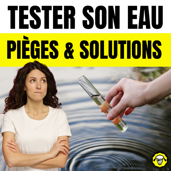Femme méfiante regardant un tube à essai tenu au-dessus de l’eau avec le texte "Tester son eau pièges & solutions" sur fond jaune