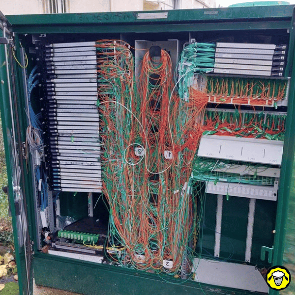 Intérieur d’une armoire de télécommunications de rue montrant un câblage fibre et cuivre dense et désorganisé, avec répartiteurs, jarretières et connexions ADSL/Fibre entremêlées, illustrant la complexité et la fragilité des infrastructures réseau urbaines.
