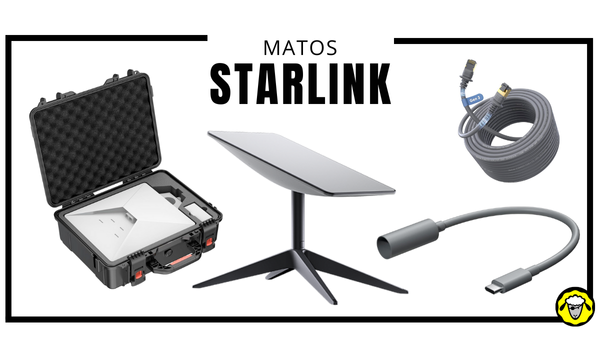 Materiel-Survivaliste_Starlink_Internet_Resilient Visuel “MATOS STARLINK” montrant le matériel Starlink : une valise rigide avec mousse et antenne, la parabole sur son trépied, un long câble Ethernet enroulé et un câble d’alimentation/connexion USB-C, le tout encadré en noir.