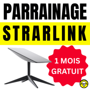 Visuel “Parrainage Starlink” avec une antenne Starlink et un badge rouge indiquant “1 mois gratuit” en utilisant le lien de parrainage.