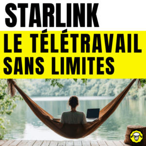 Personne travaillant en télétravail depuis un hamac face à un lac, illustrant l’usage nomade du Starlink Mini.