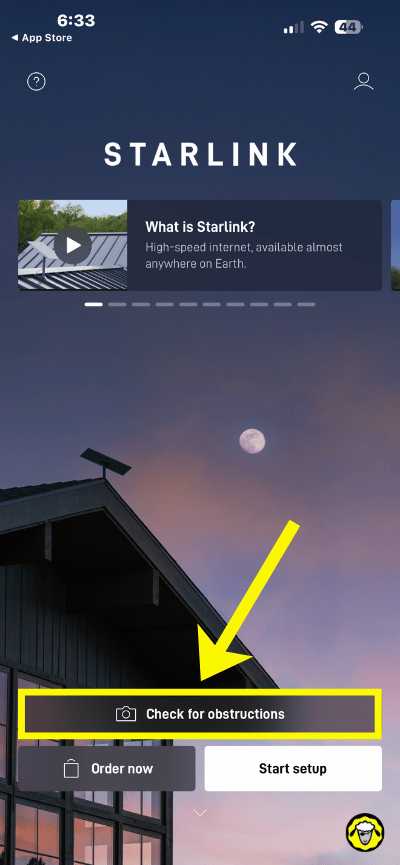 application-starlink-verification-obstructions Écran d’accueil de l’application Starlink avec l’option “Check for obstructions” permettant de tester l’environnement sans matériel.