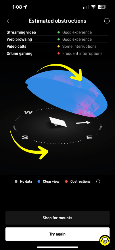 carte-obstructions-orientation-antenne-starlink Carte des obstructions Starlink montrant les zones dégagées et les obstacles, avec indication de l’orientation idéale de l’antenne.