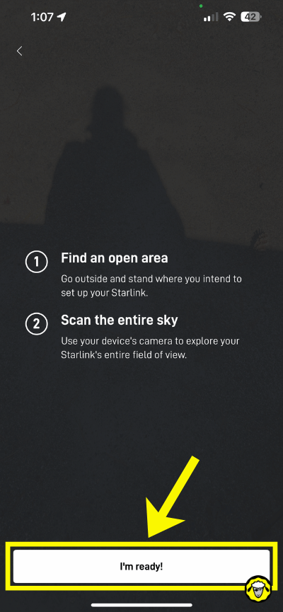 demarrage-scan-obstructions-starlink Écran de démarrage du test d’obstructions Starlink, invitant l’utilisateur à se placer dans une zone dégagée avant le scan.