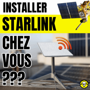 Installation d’une antenne Starlink à domicile, avec visuel de l’antenne et icône de connexion sur un toit.