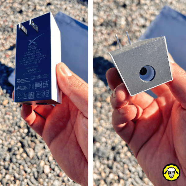 starlink-mini-adaptateur-secteur-chargeur-officiel-alimentation Adaptateur secteur officiel Starlink Mini tenu en main, avec les informations techniques et le connecteur d’alimentation visibles.