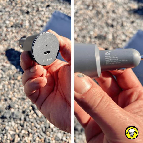 Adaptateur voiture Starlink Mini avec sortie USB-C, conçu pour alimenter ou recharger le système depuis un allume-cigare de véhicule.