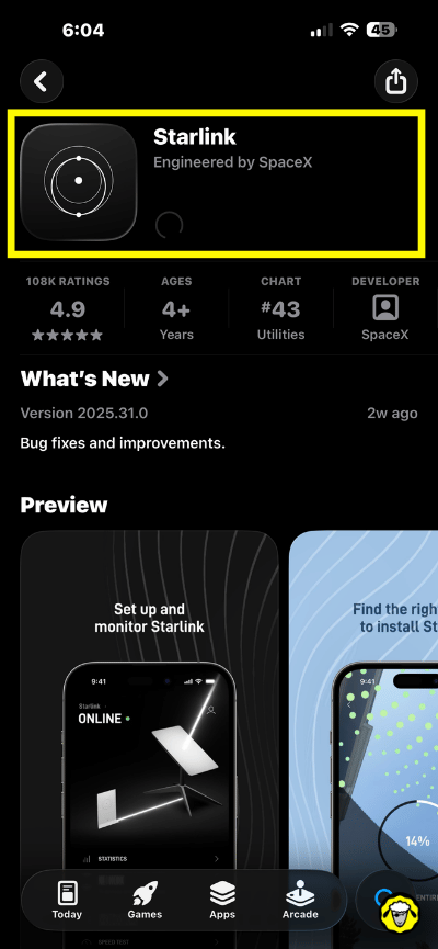 telechargement-application-starlink-app-store Page de l’application Starlink sur l’App Store, montrant le téléchargement de l’application officielle développée par SpaceX.