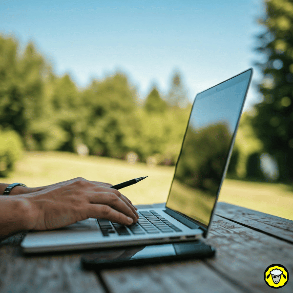 Mains utilisant un ordinateur portable sur une table en plein air, montrant la simplicité du télétravail avec une connexion fiable en extérieur.