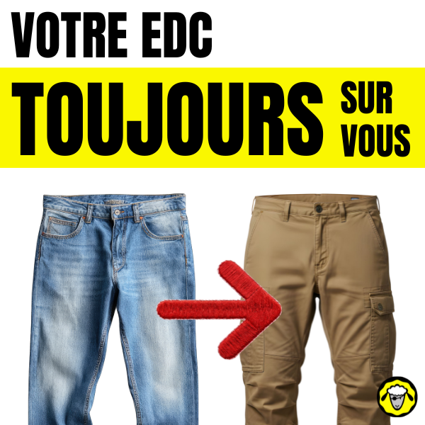 Visuel “Votre EDC toujours sur vous” : comparaison jean vs pantalon cargo, avec flèche indiquant le passage vers un pantalon à poches pour mieux porter son EDC au quotidien