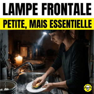 Femme lavant la vaisselle dans une cuisine sombre, éclairée par une lampe frontale pendant une coupure de courant.