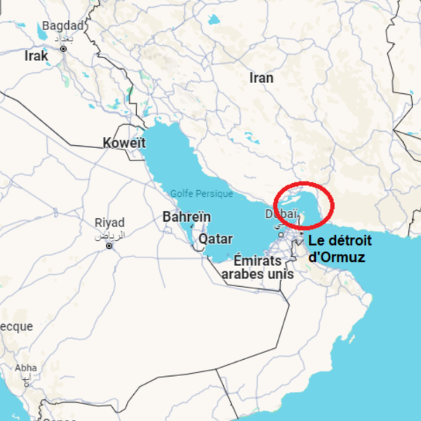 Carte du Golfe Persique montrant le détroit d’Ormuz entre l’Iran et les Émirats arabes unis, point clé du transport mondial de pétrole.