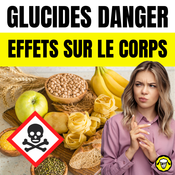 glucides-danger-effets-corps-aliments Montage illustrant les dangers des glucides avec aliments riches en sucres et amidon, symbole toxique et femme inquiète, texte "Glucides danger effets sur le corps" en haut de l’image.