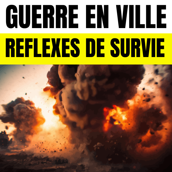 Guerre en ville : reflexes de survie, visuel d’explosion et fumee avec titre sur fond jaune.