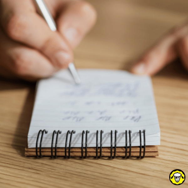 Main écrivant sur un carnet papier avec un stylo. La prise de note sur support papier est un excellent back-up qui ne dépend pas d'une batterie comme nos téléphones.