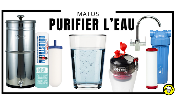 Filtration de l’eau : comparatif de solutions avec filtre à gravité inox, cartouche FTO Plus, filtre portable type OKO, robinet filtrant sous évier et cartouche CTO Max, autour d’un verre d’eau potable.