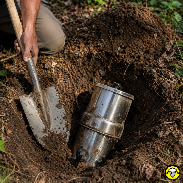 Sortez-vos-pelles-on-creuse-le-sujet-des-filtres-a-eau-par-gravite.png Personne en train de creuser un trou avec une pelle pour déterrer un filtre à eau par gravité en inox partiellement enfoui dans la terre, dans un décor extérieur naturel.