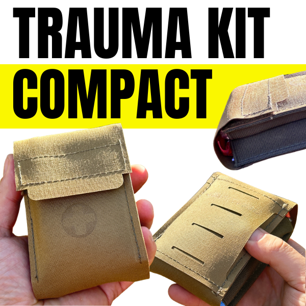 Trauma kit compact Med COMPACT Sentinel avec trousse médicale beige tenue en main, conçu pour les premiers secours, l’EDC et les urgences hémorragiques en milieu civil.