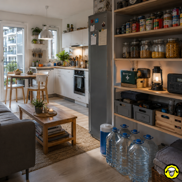 Cuisine moderne avec rangement et réserve d eau Cuisine moderne lumineuse avec étagères remplies, réserve d eau, table et coin salon