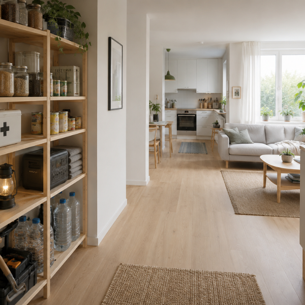 Salon moderne avec rangement de provisions et cuisine ouverte Salon lumineux ouvert sur une cuisine moderne, avec étagère de stockage, bocaux, eau et provisions visibles