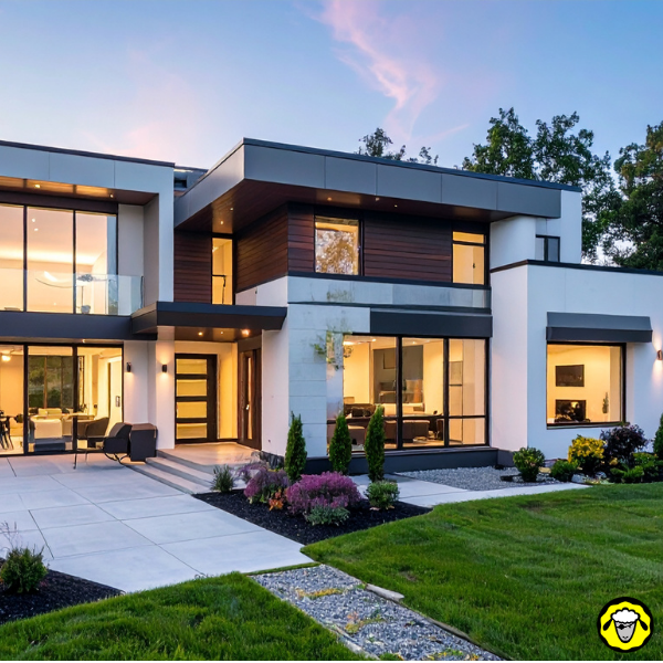 Maison moderne à deux étages avec grandes baies vitrées et jardin entretenu