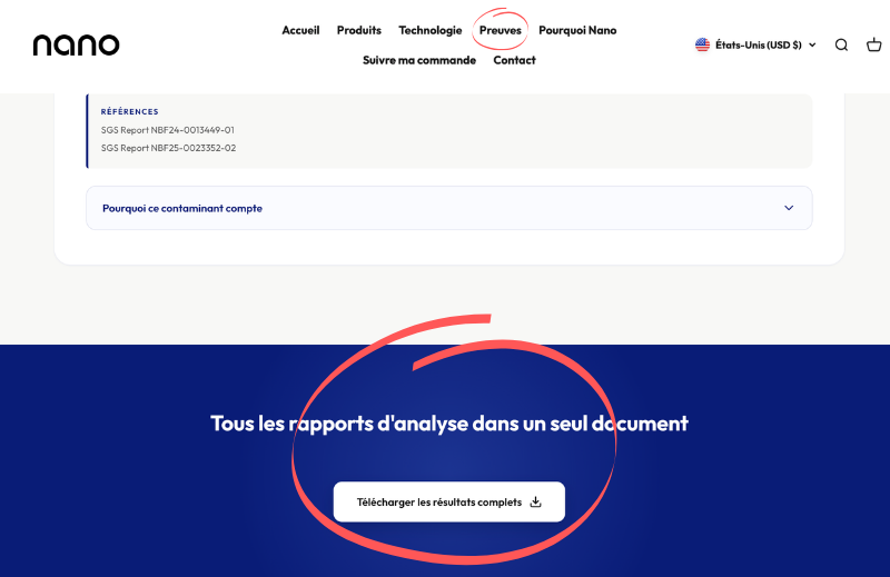 nano-filter-telecharger-les-rapports-complets Capture du site Nano Filter montrant l’onglet Preuves et le bouton “Télécharger les résultats complets”, présenté comme l’accès aux rapports d’analyse de filtration.