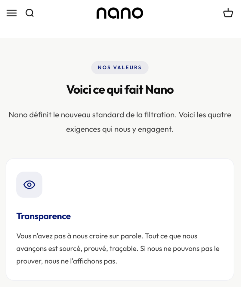 nano-filter-transparence Capture du site Nano Filter mettant en avant la valeur Transparence, avec la promesse que chaque affirmation de la marque est sourcée, prouvée et traçable.