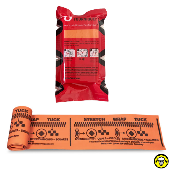 Garrot SWAT-T orange – bande élastique multiusage sous emballage individuel Garrot SWAT-T orange en bande élastique avec marquages d’utilisation imprimés, accompagné de son emballage rouge individuel.