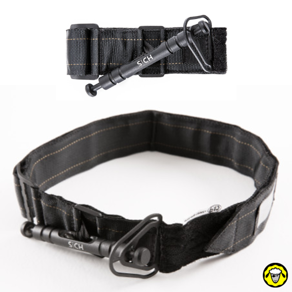Garrot tourniquet SICH noir – système de serrage compact avec tige métallique Garrot tourniquet SICH noir présenté fermé et ouvert, avec tige de serrage métallique, boucle triangulaire et large sangle textile renforcée.