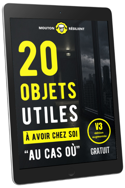 Mockup-20-objets-utiles-survie-urbaine Mockup d’un ebook gratuit Mouton-Résilient affiché sur tablette, intitulé « 20 objets utiles à avoir chez soi au cas où », avec une couverture sombre et jaune sur le thème de la préparation à domicile.
