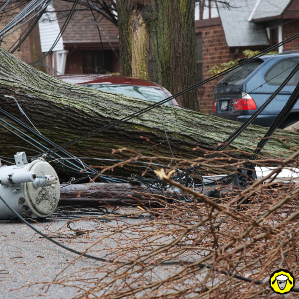 Arbre tombé sur des câbles électriques après une tempête, bloquant une rue résidentielle et provoquant une panne de réseau.
