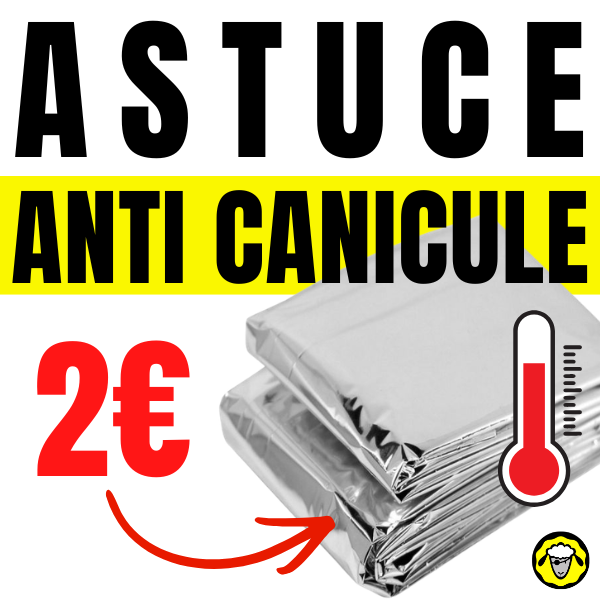 Affiche avec le texte astuce anti canicule, 2 euros et une couverture de survie sur fond blanc