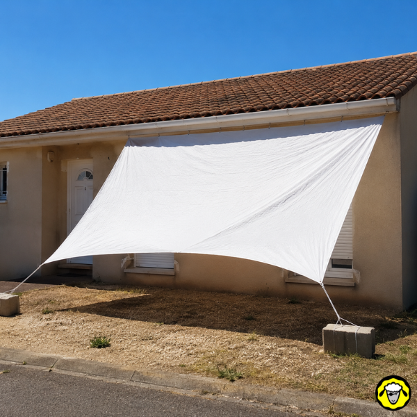 Bâche blanche tendue entre la gouttière et deux parpaings devant une maison pour ombrager la façade