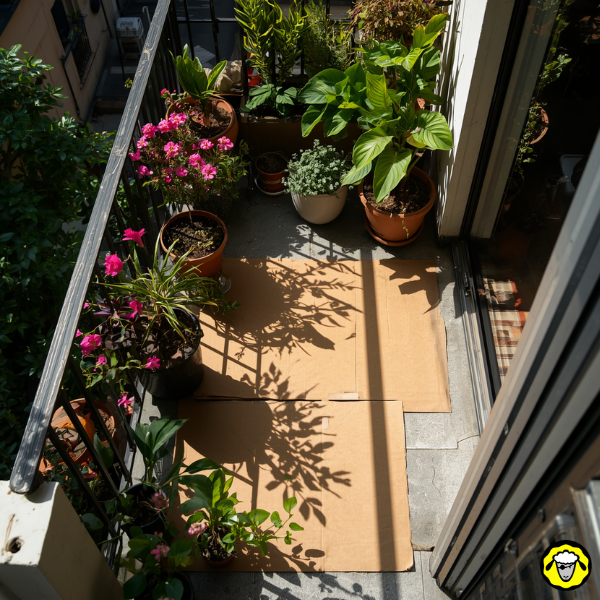 Cartons posés au sol sur un balcon très ensoleillé, entourés de plantes en pots