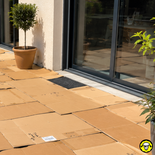 Des cartons posés au sol sur une terrasse près d une baie vitrée et de pots de plantes