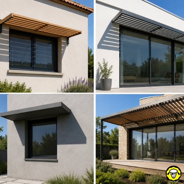 Quatre façades de maison avec casquettes solaires protégeant les fenêtres du soleil
