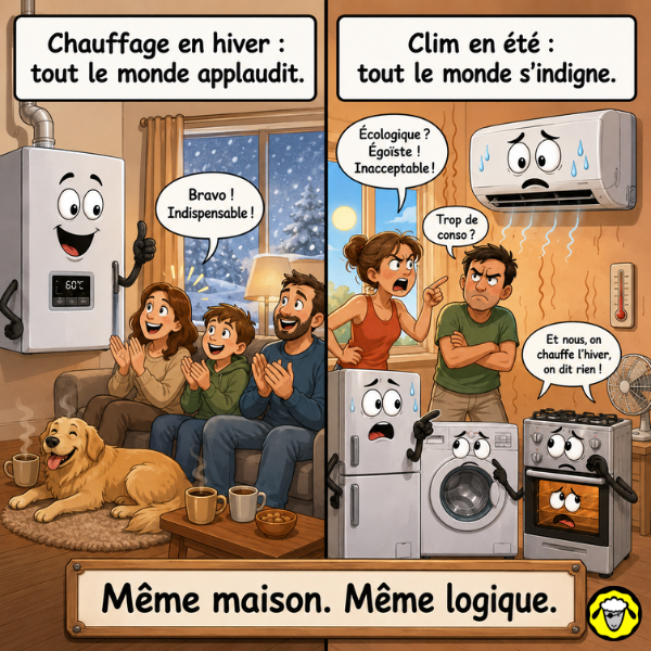 Illustration comparant le chauffage en hiver applaudi et la clim en été critiquée dans la même maison