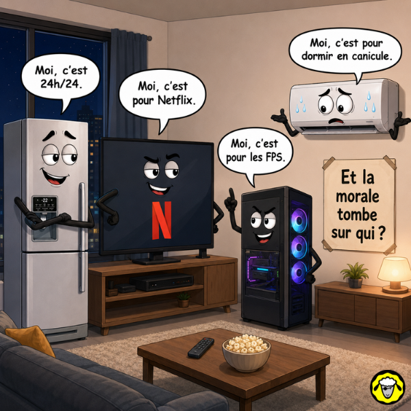 Illustration d’un salon avec un frigo, une télévision, un PC et une climatisation qui se disputent leur usage