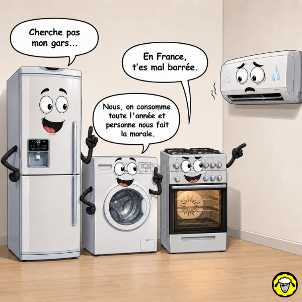 Des appareils électroménagers caricaturés discutent devant un climatiseur qui transpire dans une pièce.