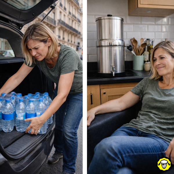 corvee-de-pack-eau-vs-filtre-a-gravite-pure-filters-06 Comparaison entre une femme qui transporte des packs d’eau et une cuisine équipée d’un filtre à gravité Pure Filters pour filtrer l’eau du robinet.