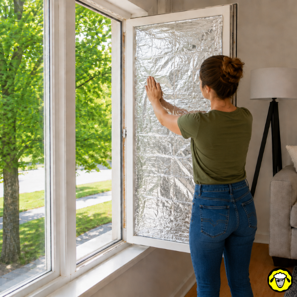 Une femme pose une couverture de survie sur l interieur d une fenetre pour réfléchir le soleil.