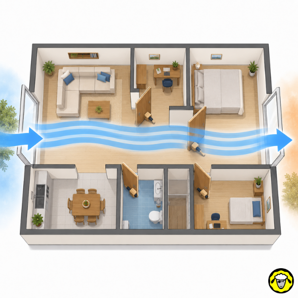 Plan d un logement avec fenêtres ouvertes et flèches bleues montrant la circulation de l air