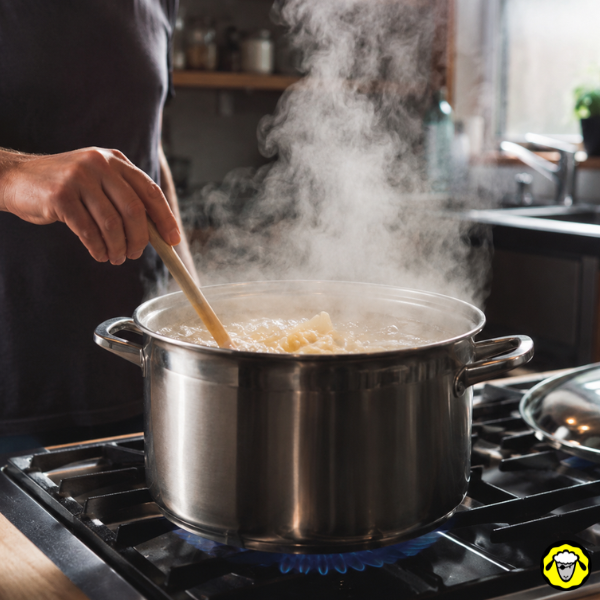 Cuisson de pâtes sur une plaque à gaz avec vapeur Une casserole de pâtes en train de cuire sur une plaque à gaz avec beaucoup de vapeur