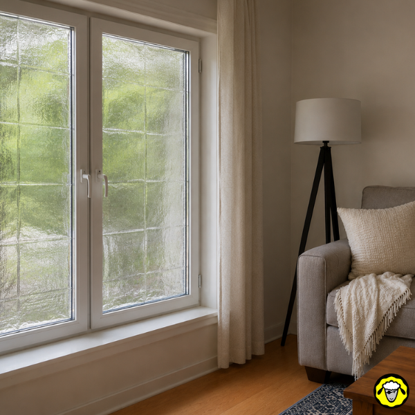 Fenêtre de salon baignée de lumière avec protection réfléchissante sur la vitre pour limiter la chaleur