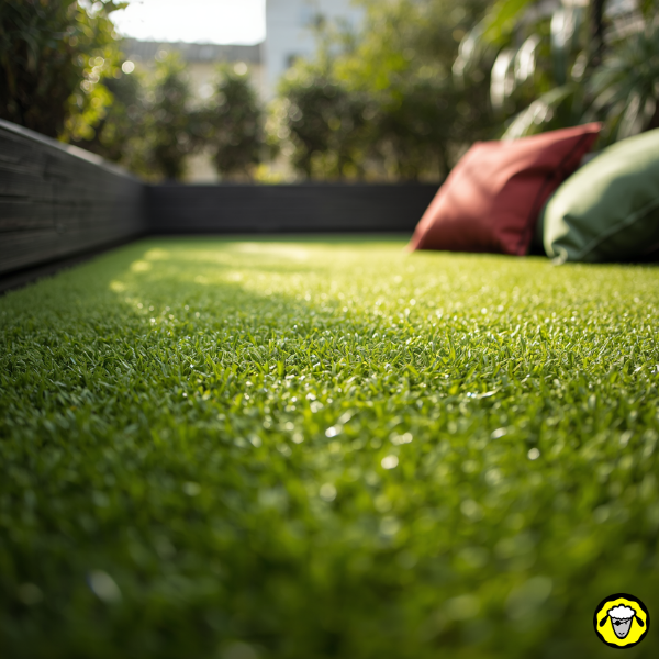 Gazon artificiel posé sur une terrasse avec des coussins au fond