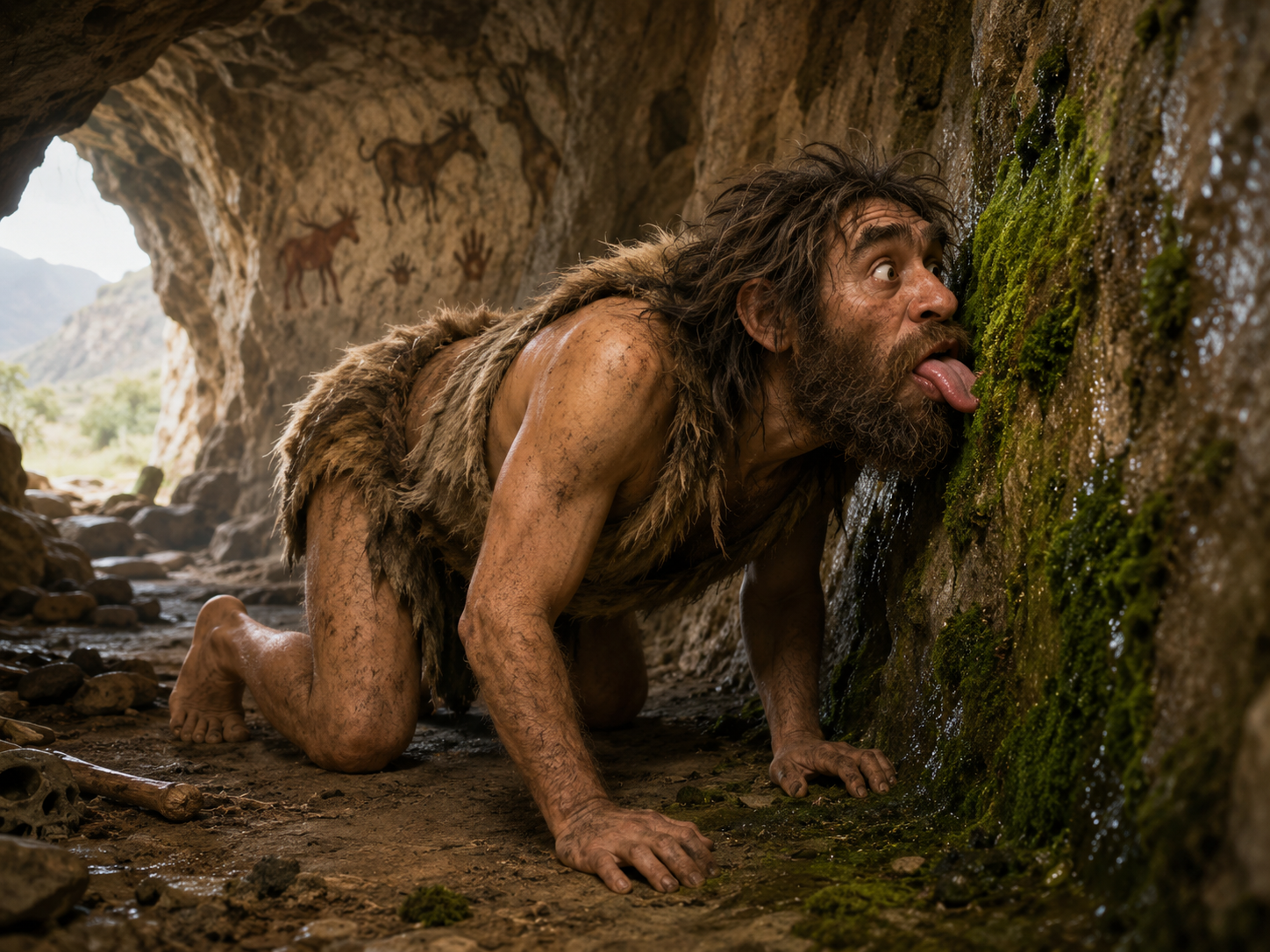 Cro-magon-leche-de-la-mousse.png Homme préhistorique caricatural dans une grotte, léchant de la mousse sur une paroi, pour illustrer avec humour le cliché du retour à l’âge de pierre associé à la résilience.